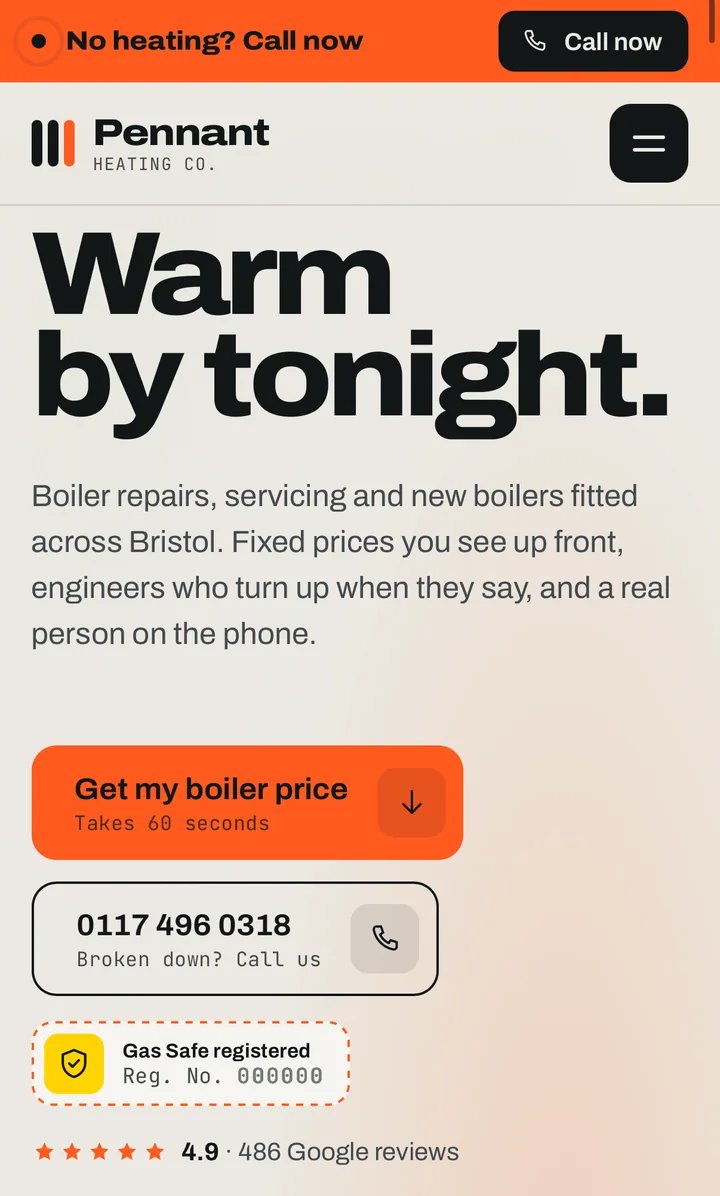 PENNANT HEATING concept website on mobile, screen 1