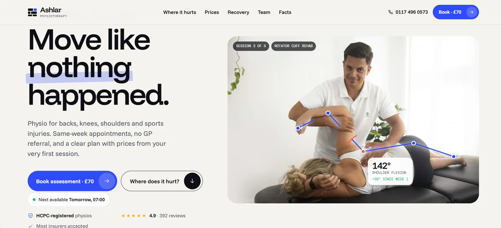 ASHLAR PHYSIOTHERAPY concept website on desktop