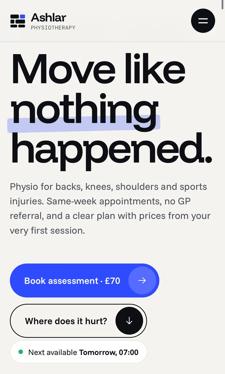 ASHLAR PHYSIOTHERAPY concept website on mobile, screen 1