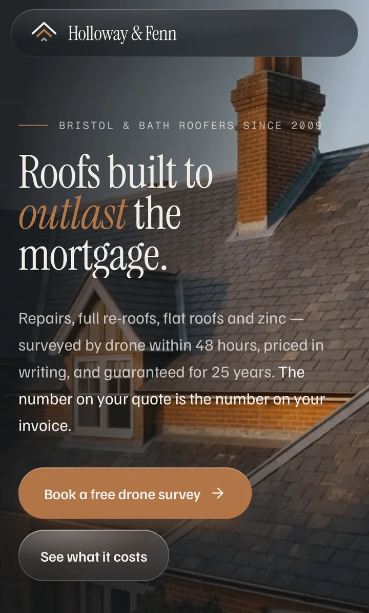 HOLLOWAY & FENN concept website on mobile, screen 1